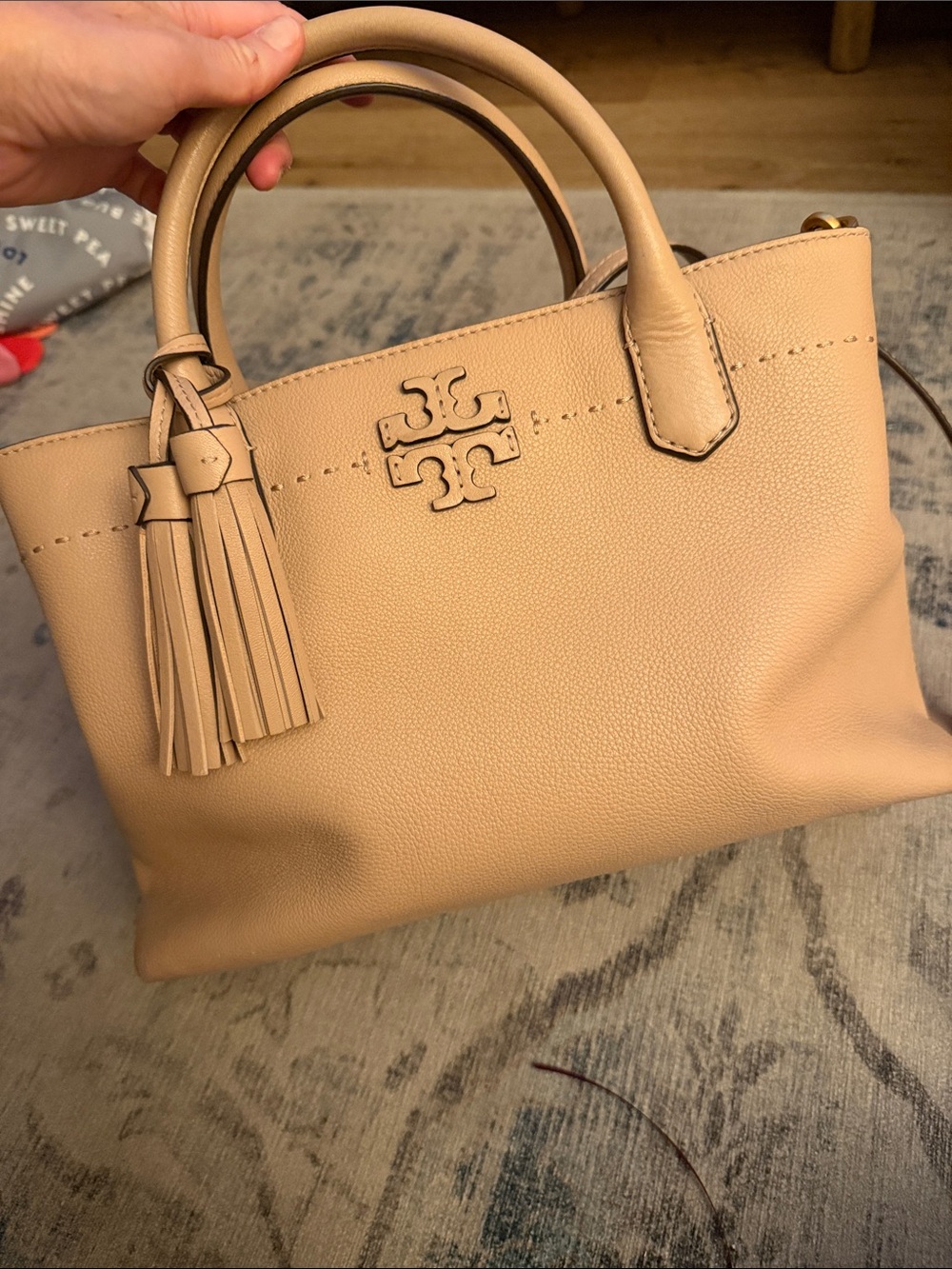 Tory Burch Beige/Tan Pebbled Leather Double-Handle Satchel with Tassel